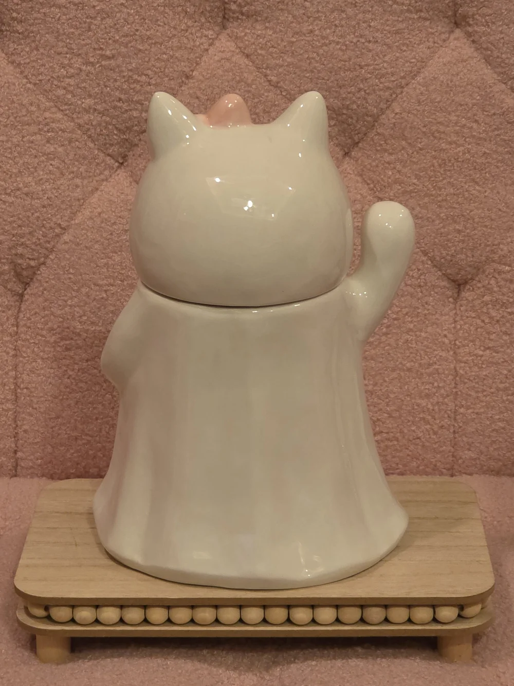 Ceramic White & Pink Cat Cookie Jar - Cute Paw & Bow Design